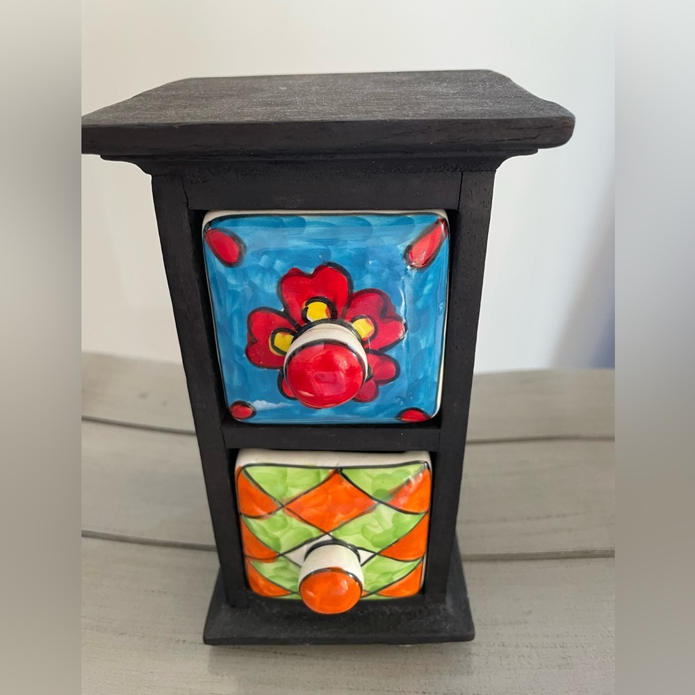 Mini 2-drawer storage box, hand-constructed and painted in Mexico